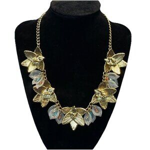 NY Statement Necklace Gold Tone Flower Bib Modernest Lotus Lily Colored Gems